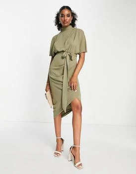ASOS | ASOS DESIGN cap sleeve split sleeve midi wrap front dress in olive 7.0折