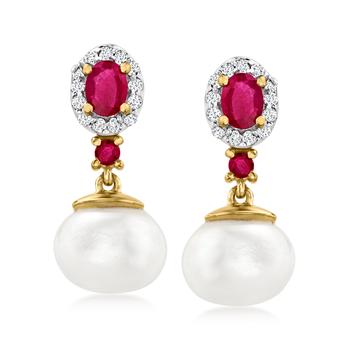 Ross-Simons | Ross-Simons 7.5-8mm Cultured Pearl Drop Earrings With . Rubies and . White Topaz in 18kt Gold Over Sterling商品图片,6.8折