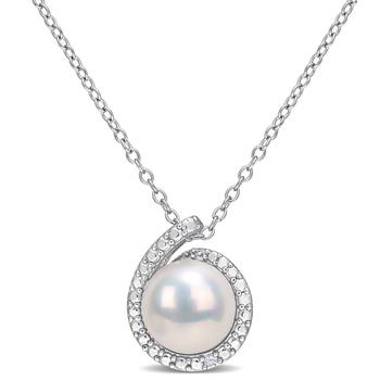 商品Amour | 8-8.5mm Freshwater Cultured Pearl and Diamond Accent Halo Pendant with Chain In Sterling Silver,商家Jomashop,价格¥300图片