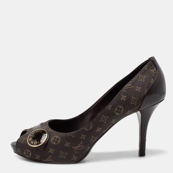 lv高帮鞋, [二手商品] Louis Vuitton | Louis Vuitton Dark Brown Monogram Canvas and Patent Leather Judy Peep-Toe Pumps Size 37商品图片 