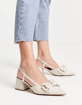 ASOS | ASOS DESIGN Saidi bow slingback mid heeled shoes in natural fabrication 8折, 独家减免邮费