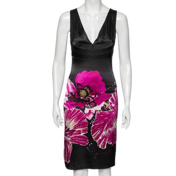 推荐Roberto Cavalli Black Floral Printed Silk Sleeveless Dress S商品