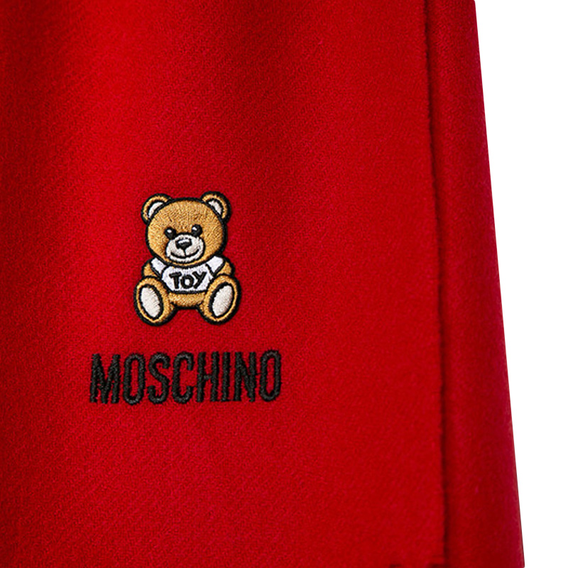 推荐MOSCHINO 女士红色羊毛刺绣泰迪熊徽标流苏围巾 50124-M5293-007商品