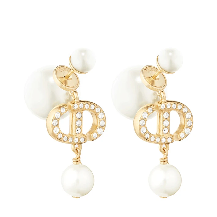 推荐Dior/迪奥 TRIBALES系列 女士金色饰面金属白色树脂珠饰透明水晶CD耳环商品