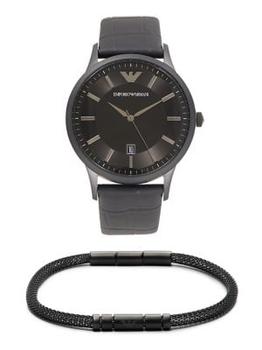 推荐2-Piece 43MM Stainless Steel Leather Strap Watch & Bracelet Set商品