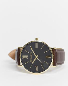 推荐ASOS DESIGN classic watch with gold highlights and leather strap in brown商品