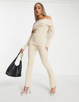 Missyempire ribbed knit flared trouser co-ord in stone product img