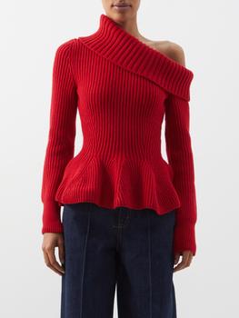 推荐Off-the-shoulder wool-blend peplum sweater商品
