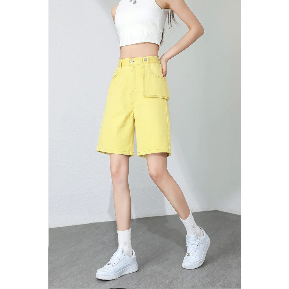 推荐2023夏季全棉新款显瘦长腿韩版外袋直筒黄色牛仔5分短裤商品