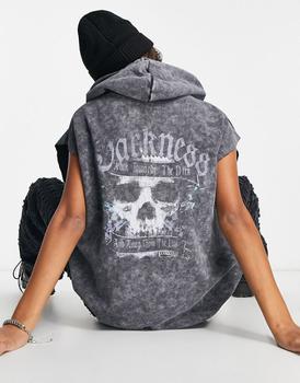 ASOS | ASOS DESIGN graphic rock sleeveless hoodie in charcoal商品图片,