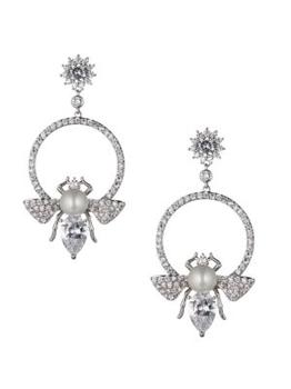 Eye Candy LA | Luxe Silvertone, Faux Pearl & Crystal Glam Bee Drop Earrings商品图片,5折