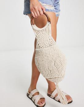 推荐River Island crochet bag with wooden handle in cream商品