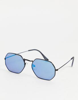 ASOS | ASOS DESIGN 90s angled metal sunglasses in black with mirrored lens商品图片,额外9.5折, 额外九五折
