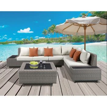 Simplie Fun | Salena Patio Sectional & Cocktail Table in Beige Fabric & Gray Wicker,商家Premium Outlets,价格¥31222