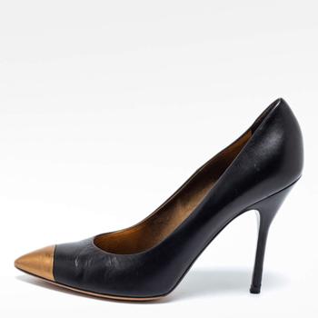 ysl高跟鞋评价, [二手商品] Yves Saint Laurent | Saint Laurent Paris Black/Gold Leather Cap Toe Pointed Toe Pumps Size 38.5商品图片 满1件减$100, 满减