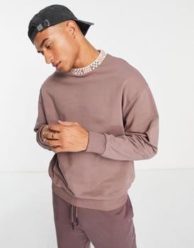 ASOS | ASOS DESIGN oversized sweatshirt with chequerboard tipping in washed brown商品图片,