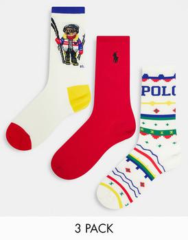 推荐Polo Ralph Lauren ski bear crew socks 3 pack in multi商品