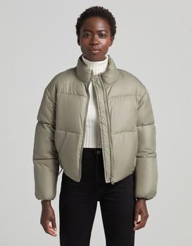 推荐Bershka nylon cropped puffer jacket in khaki商品