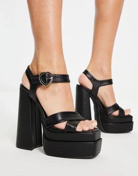 Daisy Street | Daisy Street platform heel sandals with heart shaped buckle in black 4.5折