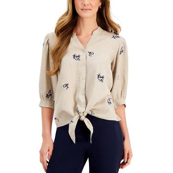 Charter Club | Linen Embroidered 3/4-Sleeve Blouse, Created for Macy's商品图片,4折, 独家减免邮费
