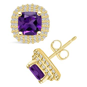 商品Amethyst (1-3/4 ct. t.w.) and Diamond (3/8 ct. t.w.) Halo Stud Earrings in 14K Yellow Gold图片