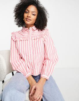 推荐Nobody's Child oversized shirt with frill details in pink stripe商品