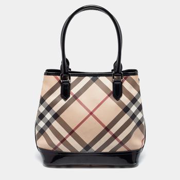 burberry托特包, [二手商品] Burberry | Burberry Black/Beige Nova Check PVC And Patent Leather Snap Tote商品图片 9.4折, 满1件减$100, 满减