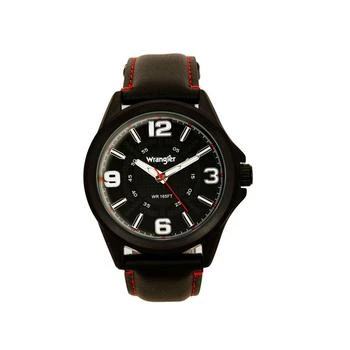 Wrangler | Men's Watch, 48MM IP Black Case with Cutout Black Dial, White Arabic Numerals, Black Strap with Red Stitching, Analog , Red Second Hand 