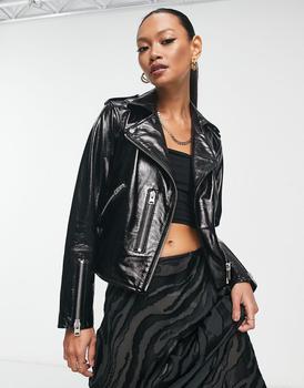 ALL SAINTS | AllSaints Fern high shine leather biker jacket in black商品图片,