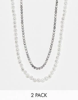 推荐ASOS DESIGN 2 pack layered crystal tennis chain and faux pearl necklace商品