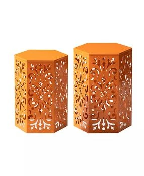 Glitzhome | Multi-Functional Set of 2 Orange  Cutout Floral Hexagonal Garden Stools or Planter Stand,商家Macy's,价格¥763