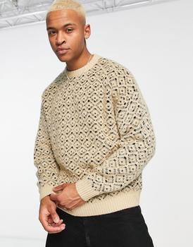 ASOS | ASOS DESIGN oversized knitted jumper with pattern detail in beige商品图片,