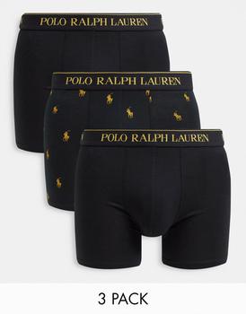 推荐Polo Ralph Lauren x ASOS exclusive collab 3 pack trunks in black/gold with all over pony logo商品