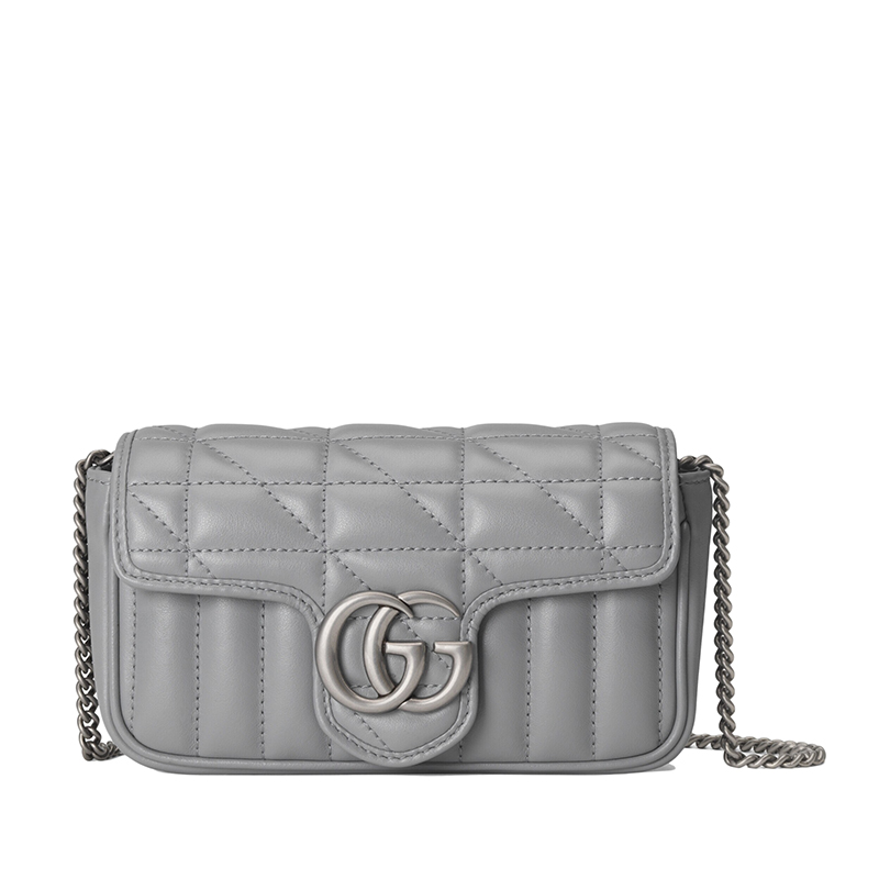 Gucci | GUCCI/古驰 GG Marmont系列 女士超迷你灰色绗缝皮革复古银色饰面双G单肩斜挎链条包商品图片,8折×额外9.4折, 包邮包税, 额外九四折