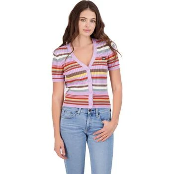 推荐Kendall + Kylie Women's Ribbed Knit Striped Short Sleeve Cardigan Top商品