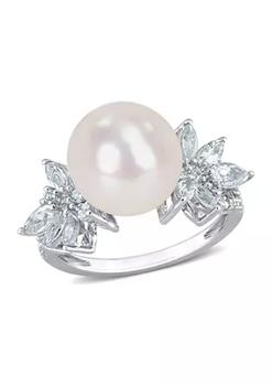 商品Belk & Co. | 11-12 Millimeter Cultured Freshwater Pearl and 1.2 Aquamarine and 1/10 ct. t.w. Diamond Flower Ring in Sterling Silver,商家Belk,价格¥1806图片
