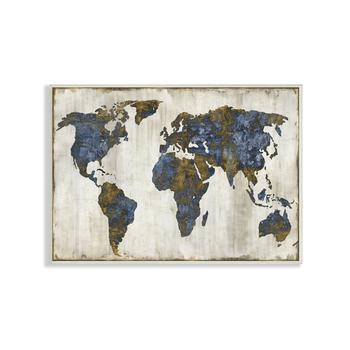商品Gold-Tone Blue World Map Design Wall Plaque Art图片