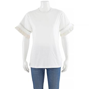 推荐Ladies Macrame Detail Sleeve T-Shirt in White商品