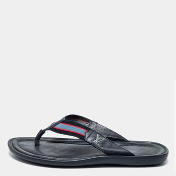 路易威登男鞋正品, [二手商品] Louis Vuitton | Louis Vuitton Navy Blue Leather and Canvas Thong Slides Size 44.5商品图片 满1件减$100, 满减
