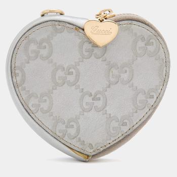 [二手商品] Gucci | Gucci Silver Guccissima Leather Heart Shape Coin Purse商品图片,5.3折