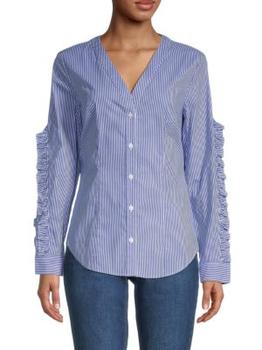 DKNY | Ruffle Striped Shirt商品图片,2.2折×额外8折, 额外八折