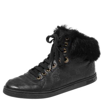 古驰高帮鞋, [二手商品] Gucci | Gucci Black Guccissima Leather Cada Fur Trim High Top Sneakers Size 38.5商品图片 7.1折, 满1件减$100, 满减