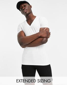 推荐ASOS DESIGN cotton blend muscle fit t-shirt with deep v neck in white - WHITE商品