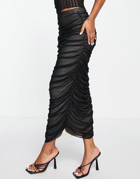 推荐Topshop ruched mesh contrast lining midi skirt in black商品