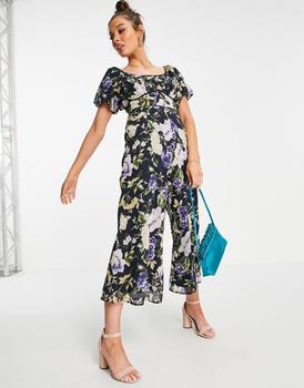 Iris & Ivy, Hope & Ivy | Hope & Ivy puff sleeve wide leg jumpsuit in navy floral商品图片 6折
