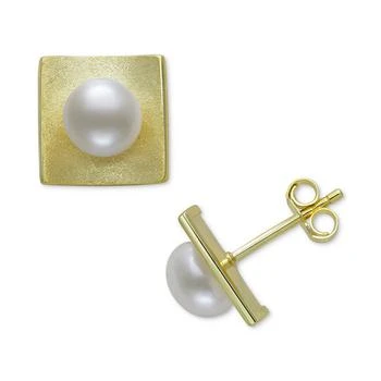 Belle de Mer | Cultured Freshwater Button Pearl (7-8mm) Square Stud Earrings in 14k Gold-Plated Sterling Silver 独家减免邮费