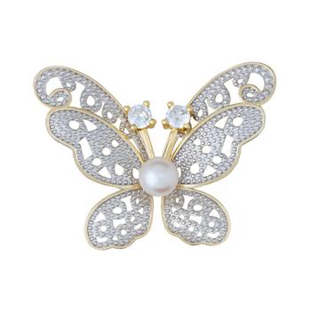 商品Macy's | Cultured Freshwater Pearl (6mm) & Cubic Zirconia Butterfly Pin in Sterling Silver & 18k Gold-Plate,商家Macy's,价格¥931图片