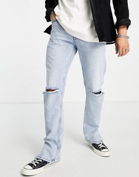 Topman | Topman straight split hem rip jeans in light wash blue商品图片,4.5折×额外8折, 额外八折