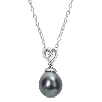 商品Amour | 8-9mm Black Tahitian Cultured Pearl and White Topaz Heart Drop Pendant with Chain In Sterling Silver,商家Jomashop,价格¥450图片