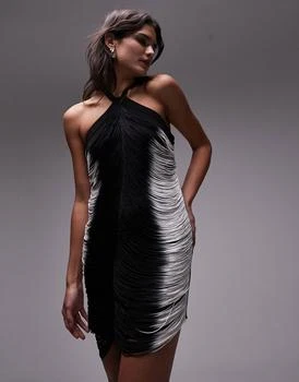 Topshop | Topshop halter neck ombre fringe detail mini dress in mono,商家ASOS,价格¥549